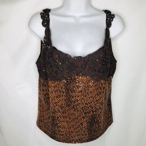 MaxiMa USA Women's Knit Crochet Bodice Overlay Brown Rhinestone Top Cami Medium